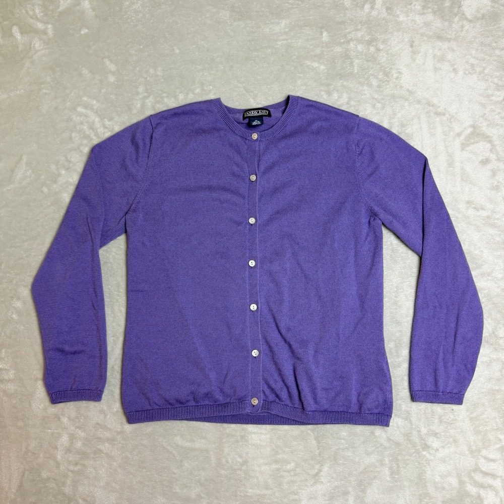 VTG 90s Lands End Cardigan Sweater Women M 10-12 Purple Button Up Crew Neck EUC